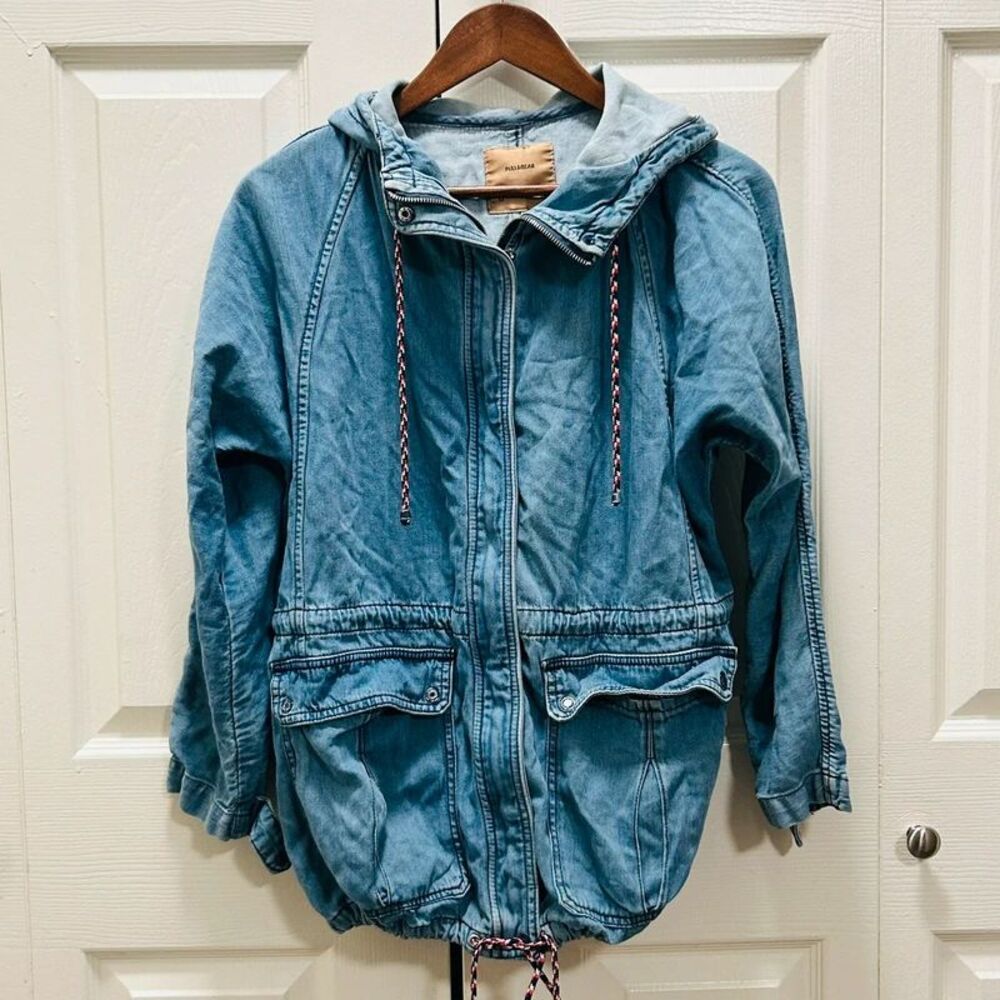 Pull&Bear light wash denim hooded utility parka jacket medium